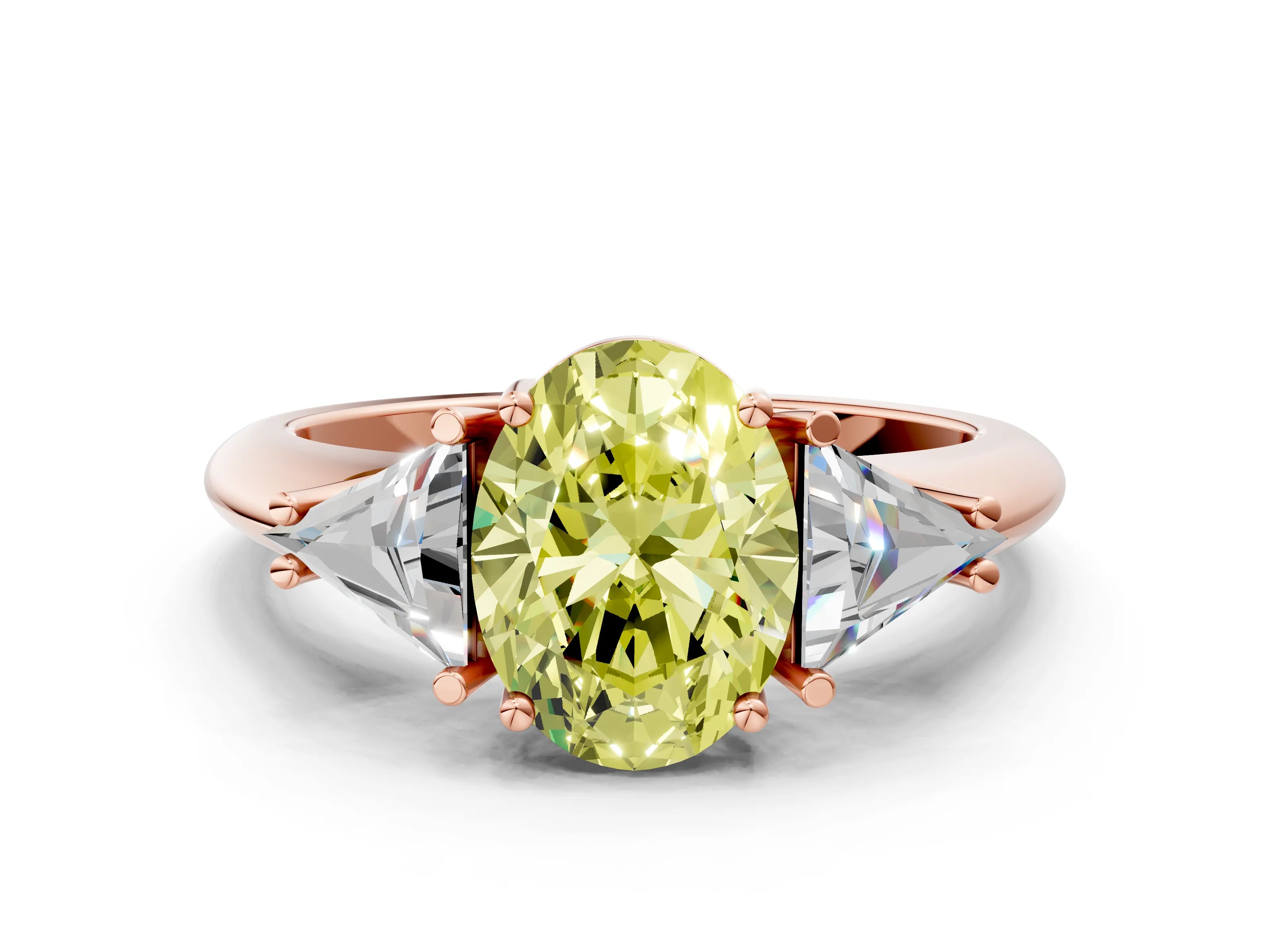 Rose gold Three-Stone Fancy Yellow Oval Cut Cut Diamond Ring with Trillion Side Stones and Four-Prong Setting_3
