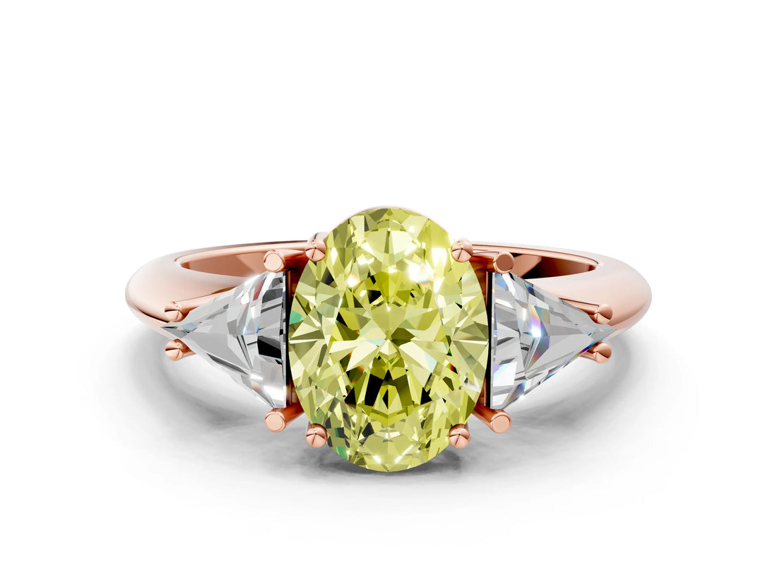 Rose gold Three-Stone Fancy Yellow Oval Cut Cut Diamond Ring with Trillion Side Stones and Four-Prong Setting_3