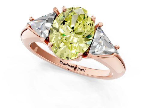 Rose gold Three-Stone Fancy Yellow Oval Cut Cut Diamond Ring with Trillion Side Stones and Four-Prong Setting_4
