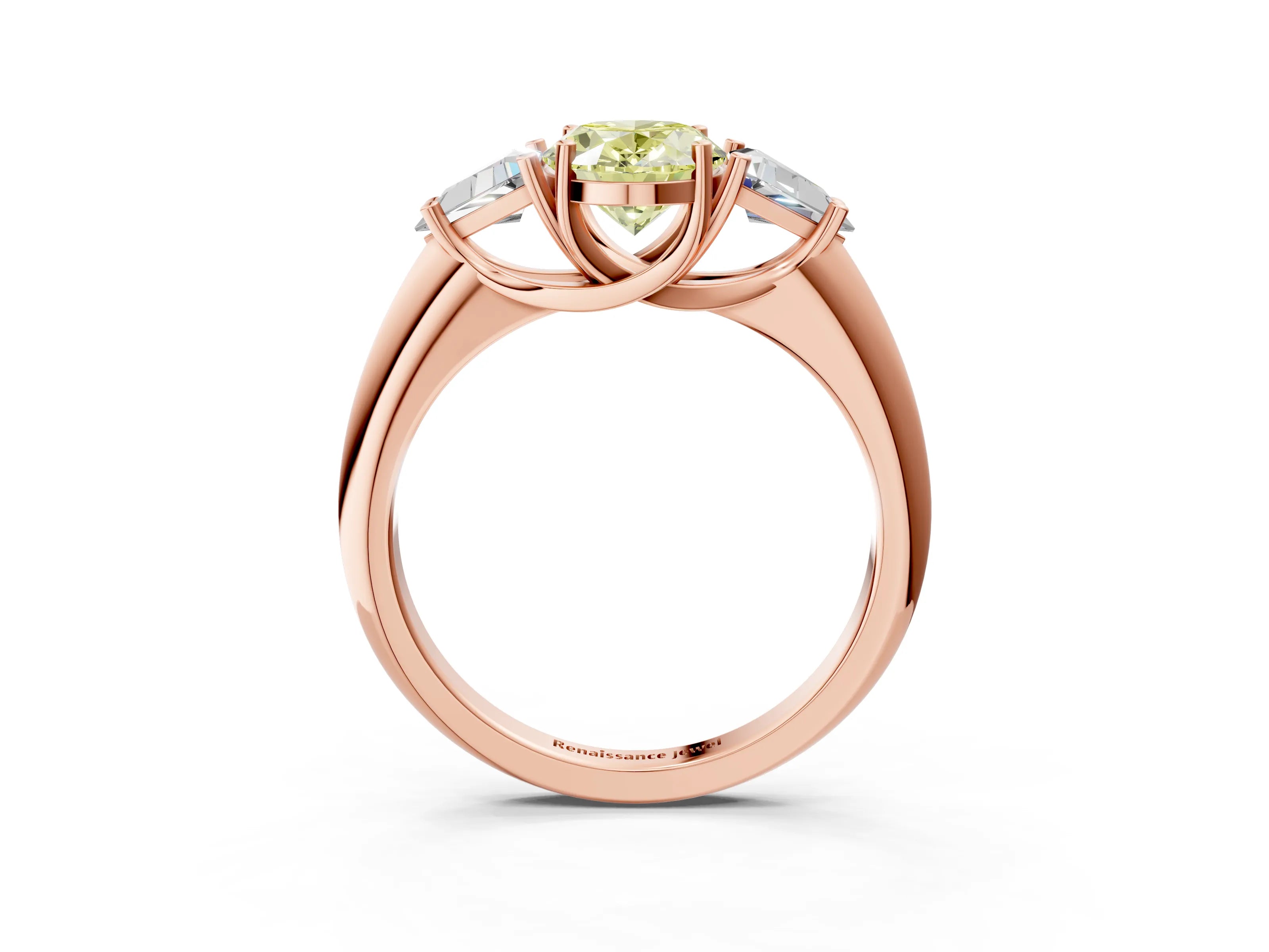 Rose gold Three-Stone Fancy Yellow Oval Cut Cut Diamond Ring with Trillion Side Stones and Four-Prong Setting_6