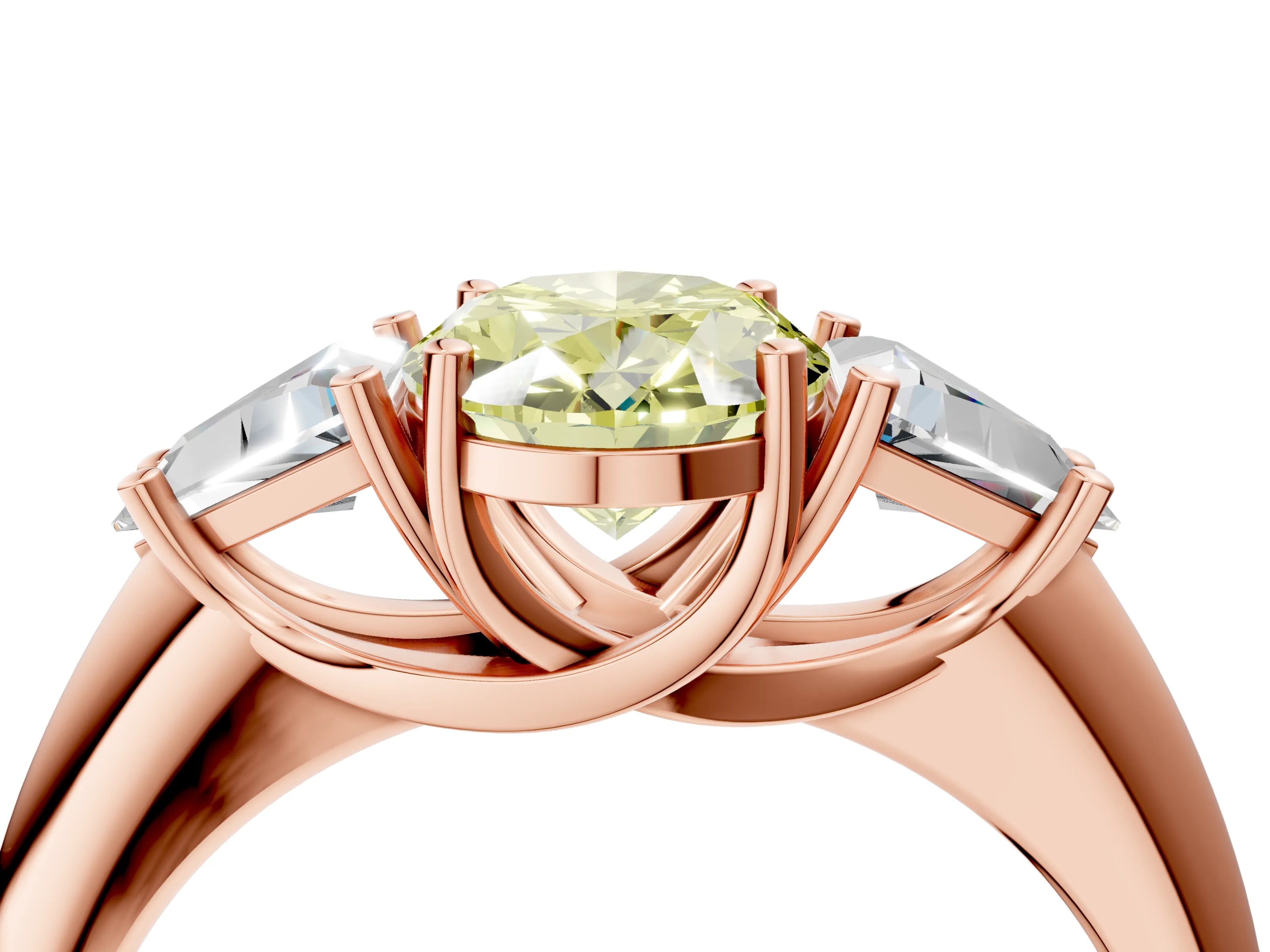 Rose gold Three-Stone Fancy Yellow Oval Cut Cut Diamond Ring with Trillion Side Stones and Four-Prong Setting_7
