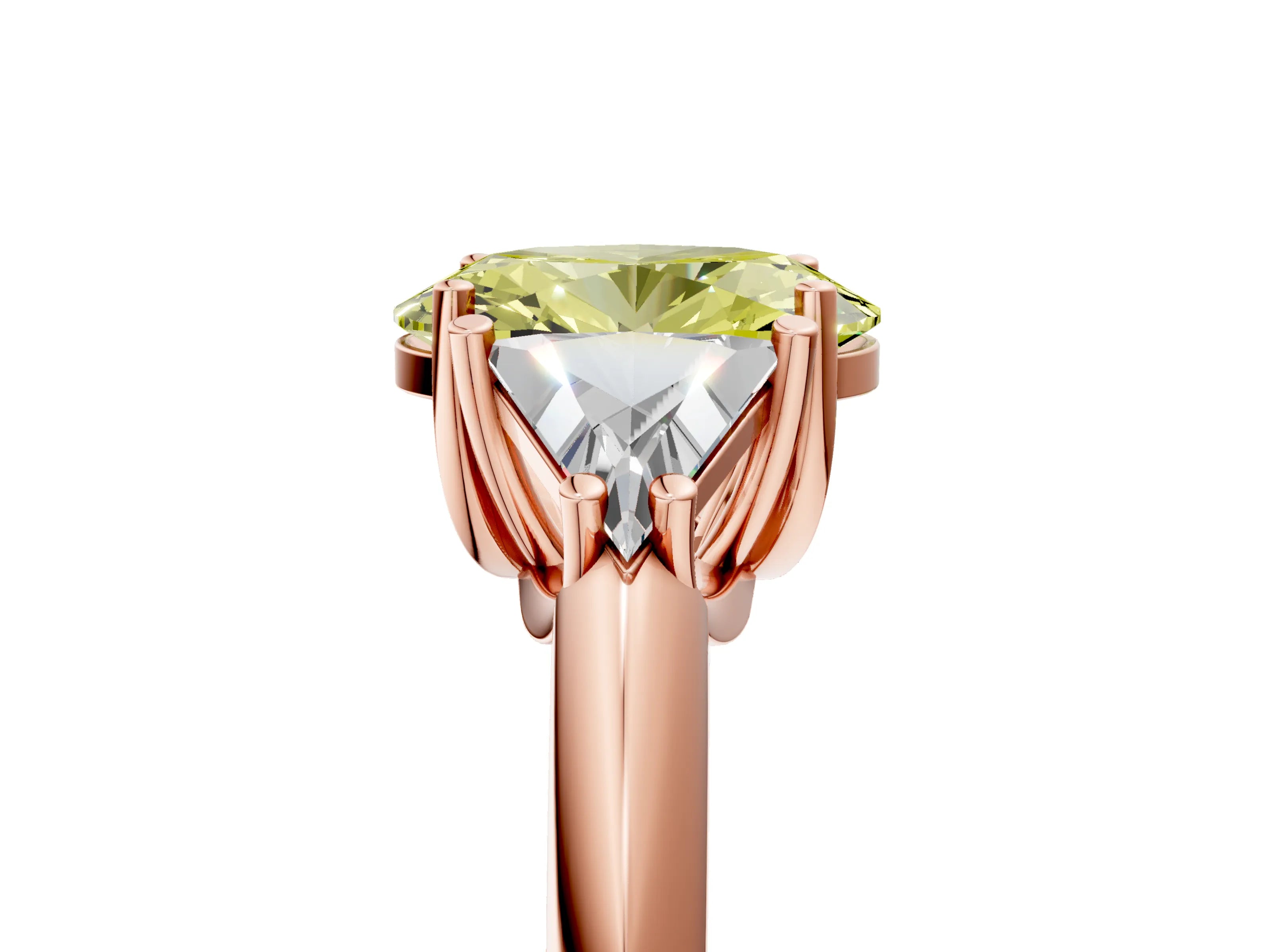 Rose gold Three-Stone Fancy Yellow Oval Cut Cut Diamond Ring with Trillion Side Stones and Four-Prong Setting_8