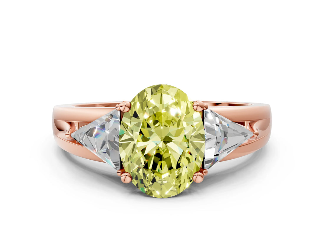 Rose gold Three-Stone Fancy Yellow Oval Cut Cut Diamond Ring with Trillion Side Stones on a Split Shank Band