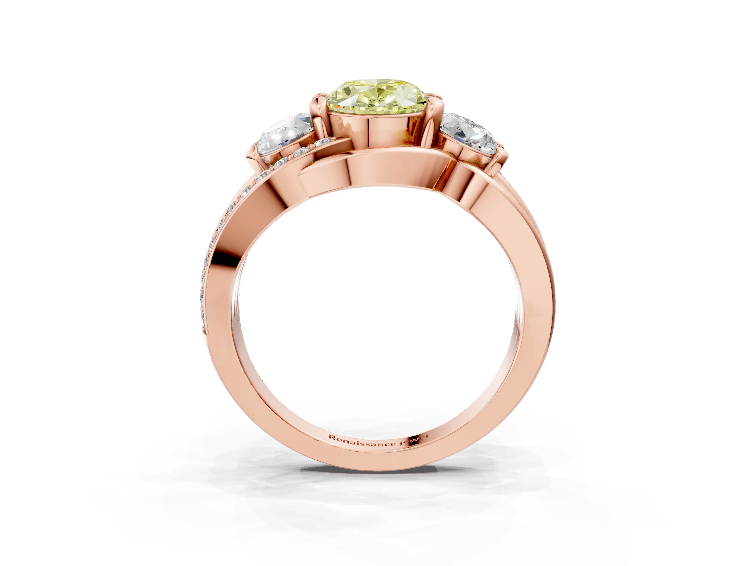 Rose gold Three-Stone Fancy Yellow Oval Cut Cut Diamond Split Shank Prong Set Ring_3
