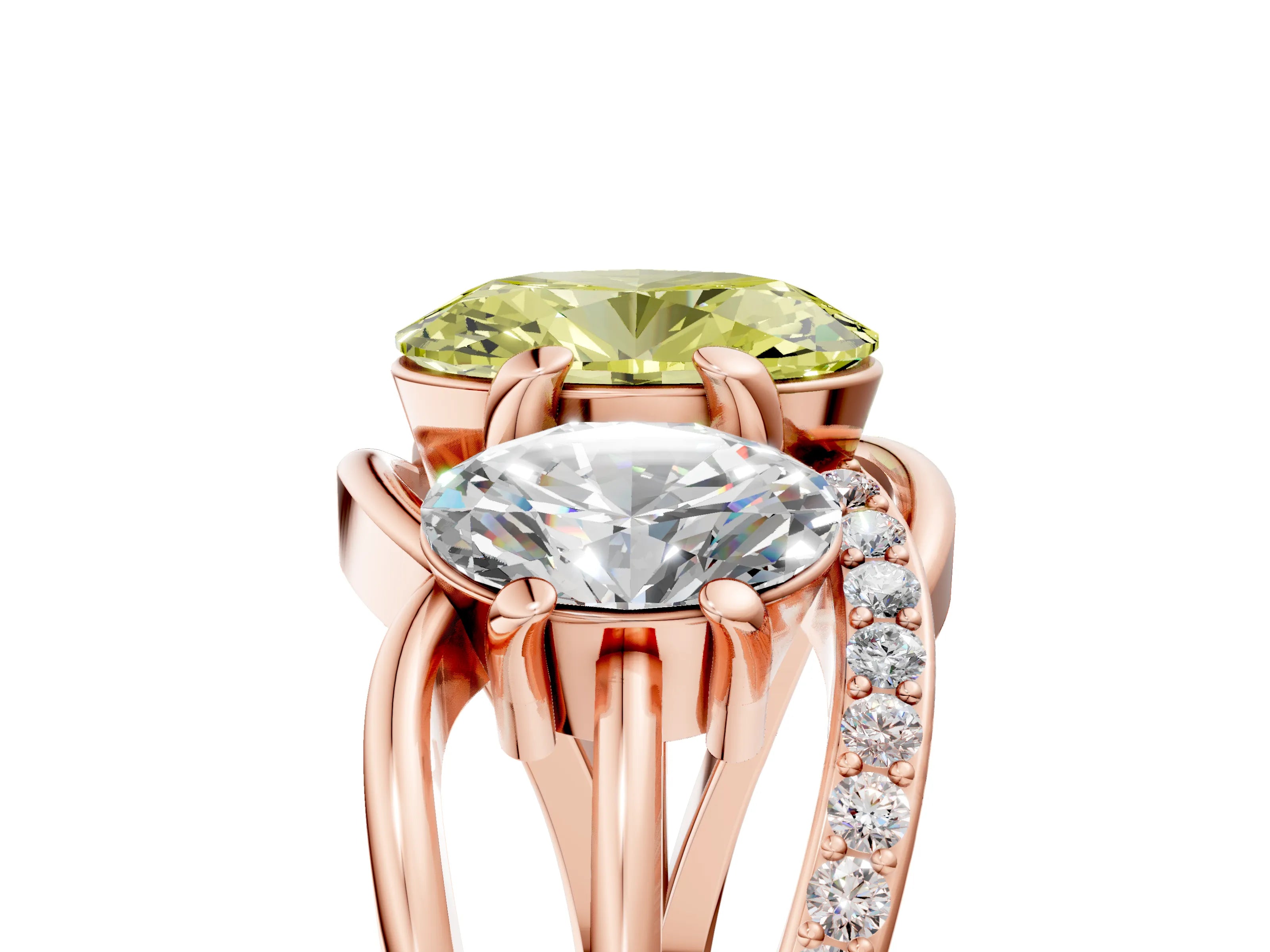 Rose gold Three-Stone Fancy Yellow Oval Cut Cut Diamond Split Shank Prong Set Ring_5