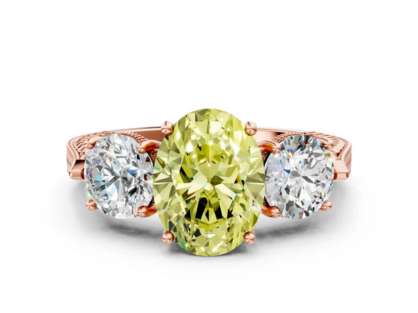Rose Gold Oval Vintage Three Stone Engagement Ring Setting for Fancy Yellow Center