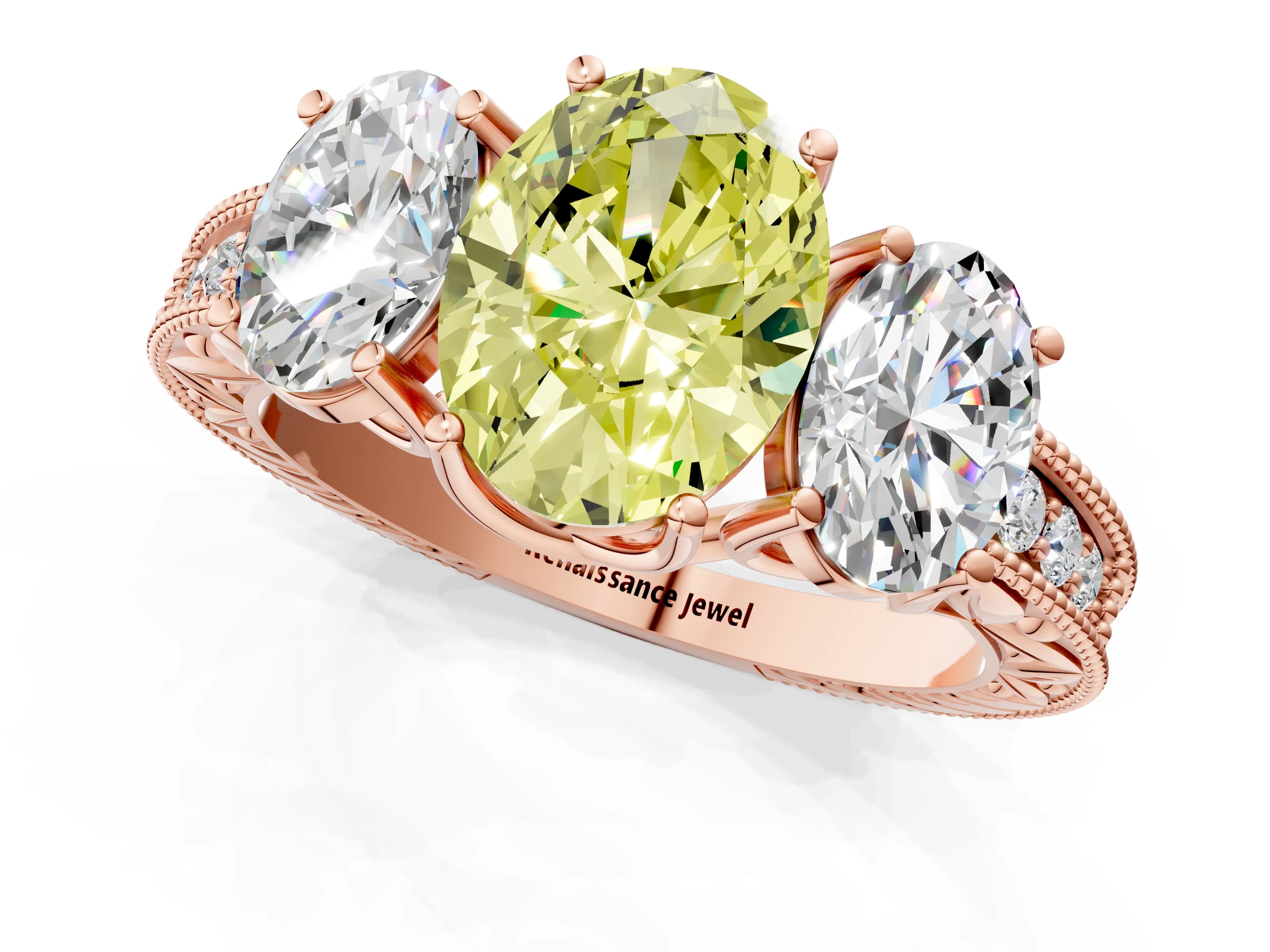 Rose gold Three-Stone Fancy Yellow Oval Cut Cut Milgrain Pavé Engagement Ring_1