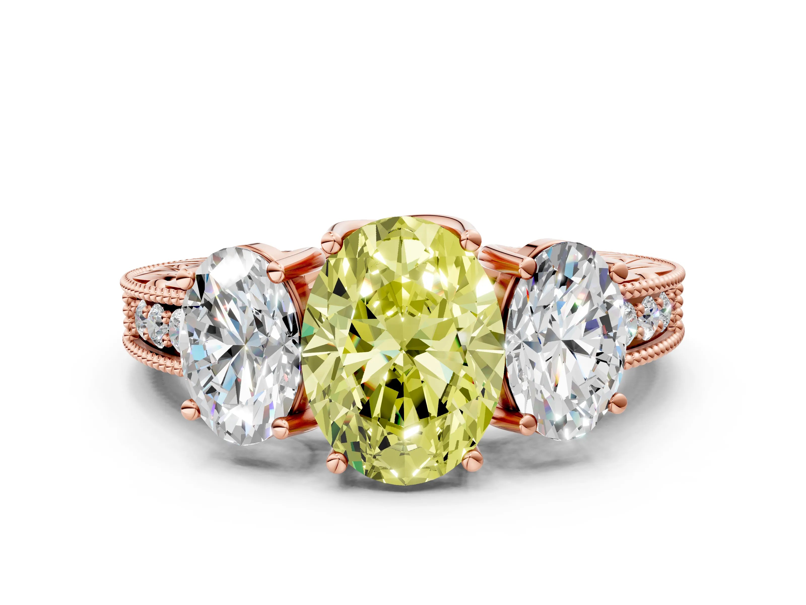 Rose gold Three-Stone Fancy Yellow Oval Cut Cut Milgrain Pavé Engagement Ring_12