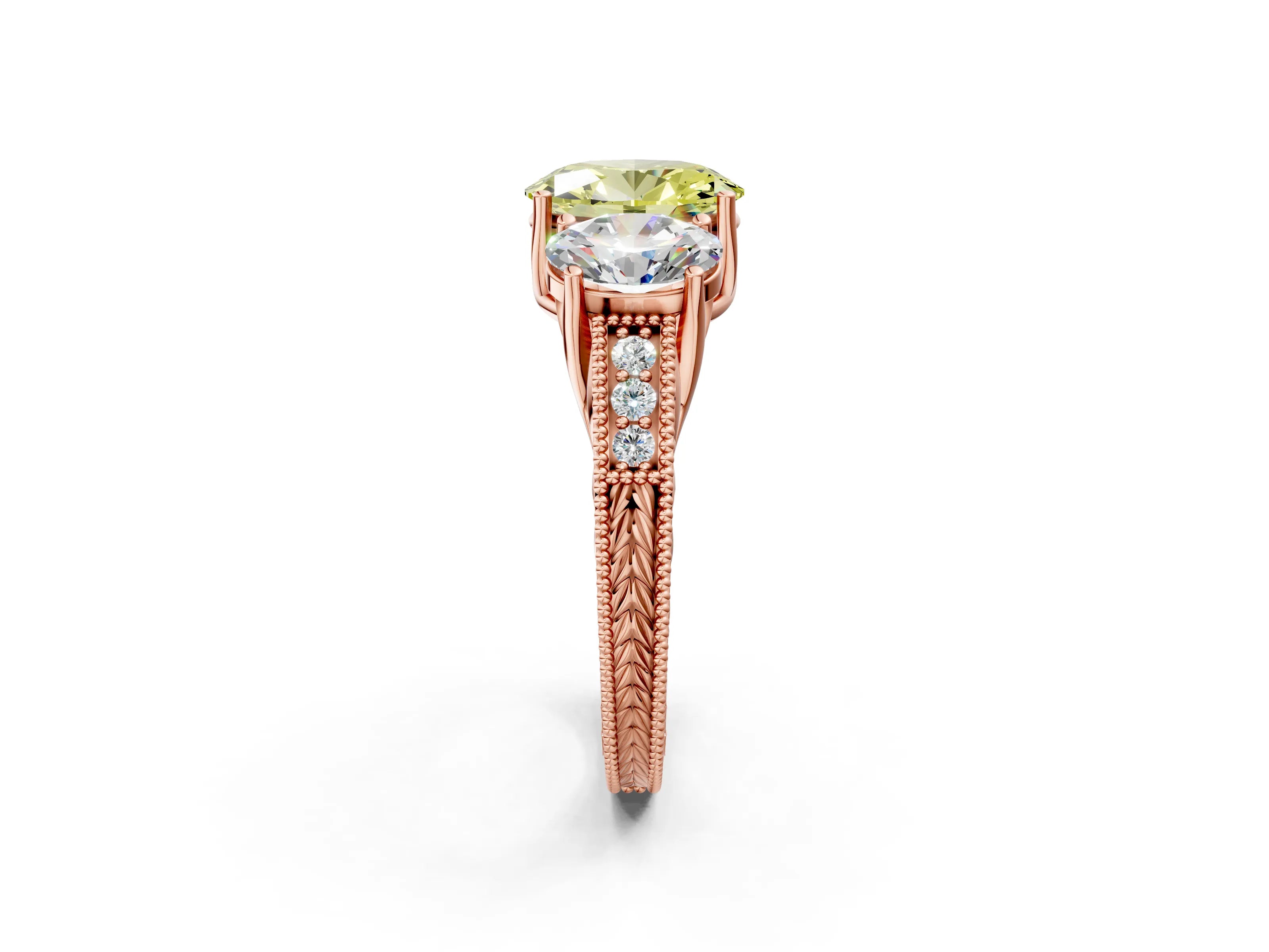 Rose gold Three-Stone Fancy Yellow Oval Cut Cut Milgrain Pavé Engagement Ring_14