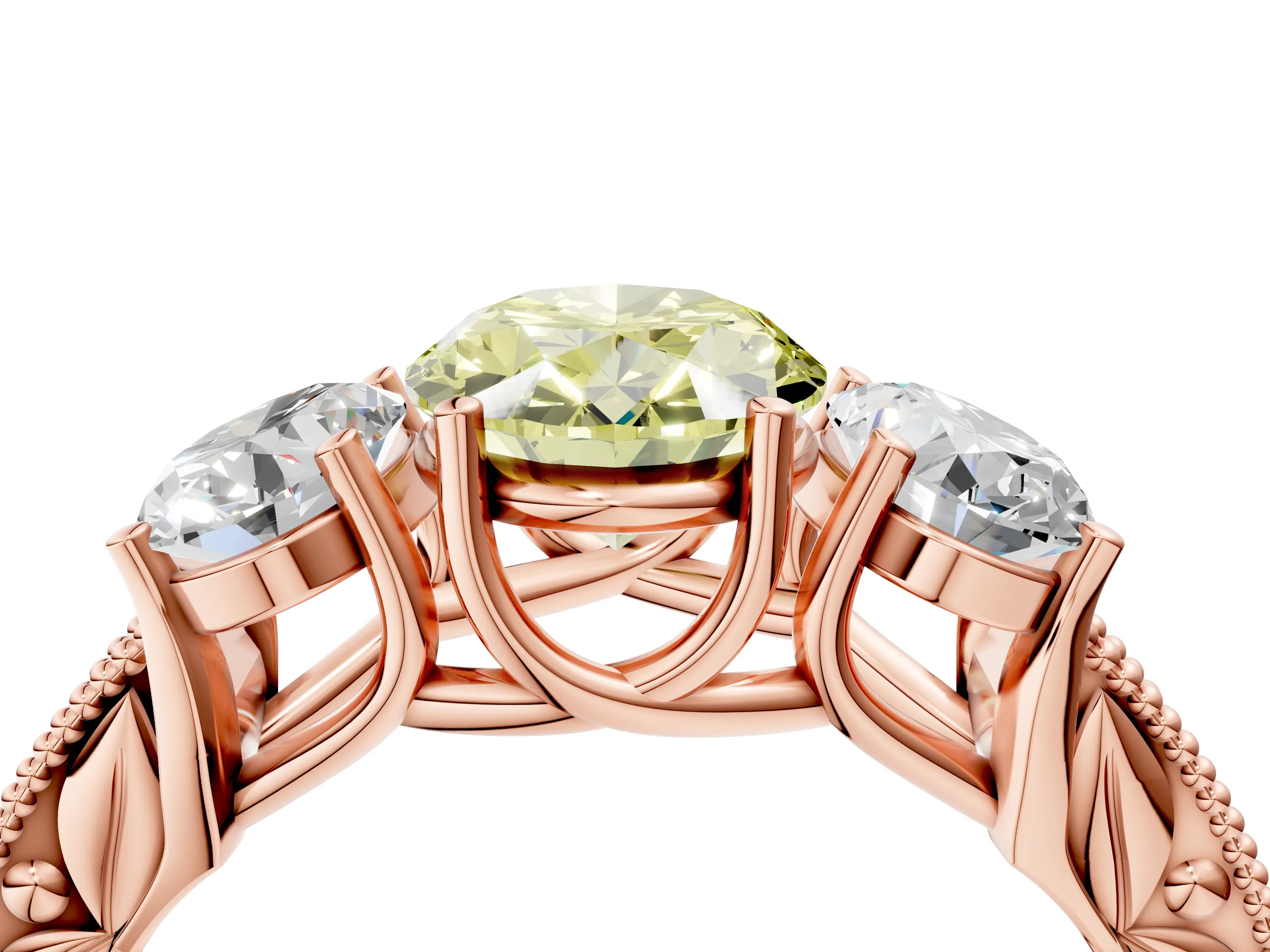 Rose gold Three-Stone Fancy Yellow Oval Cut Cut Milgrain Pavé Engagement Ring_16