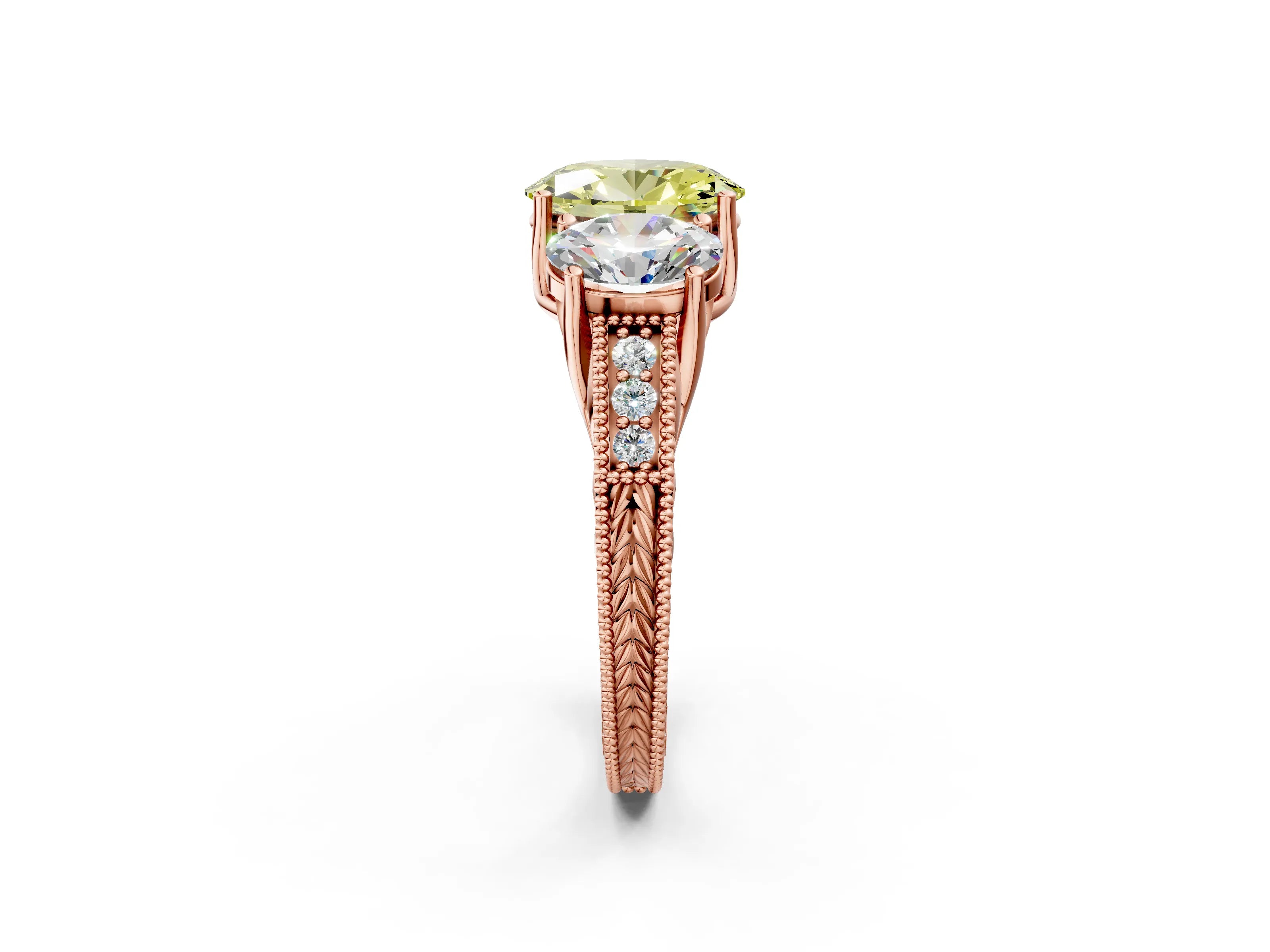Rose gold Three-Stone Fancy Yellow Oval Cut Cut Milgrain Pavé Engagement Ring_2