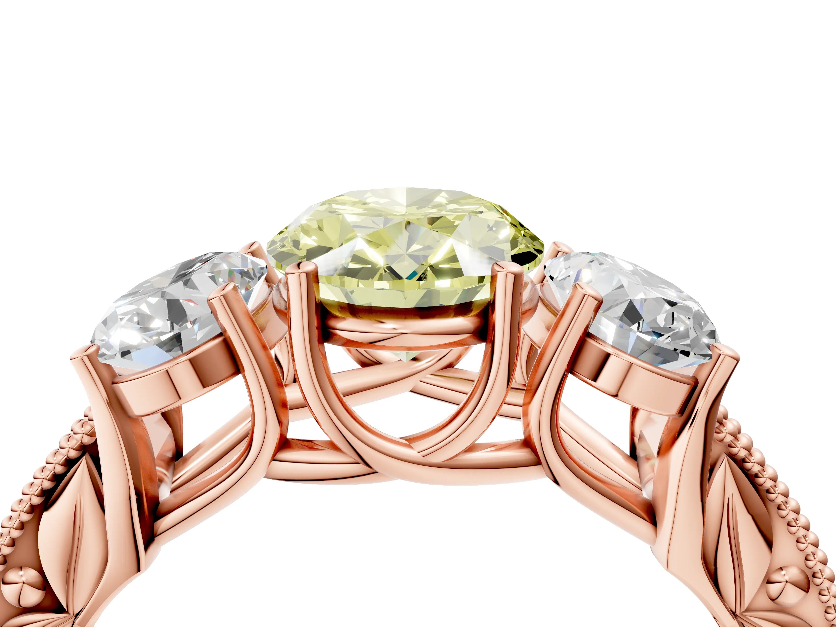 Rose gold Three-Stone Fancy Yellow Oval Cut Cut Milgrain Pavé Engagement Ring_4