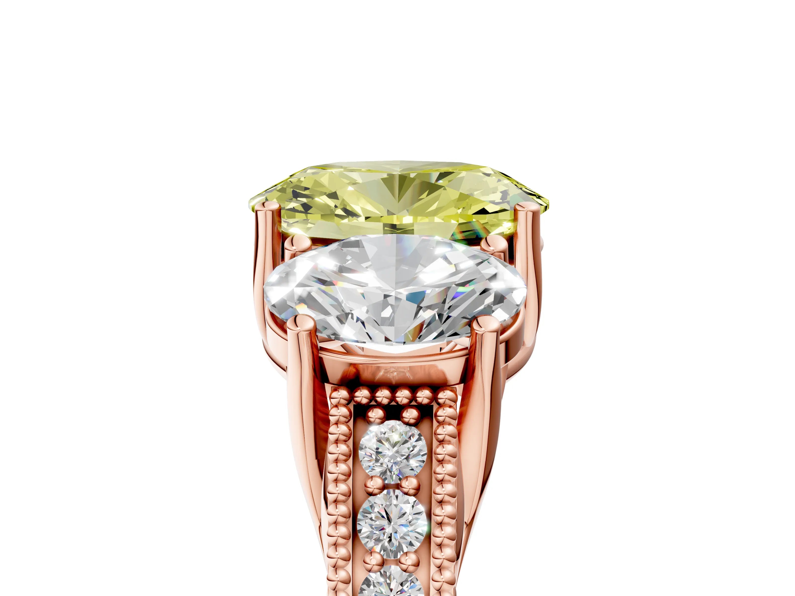 Rose gold Three-Stone Fancy Yellow Oval Cut Cut Milgrain Pavé Engagement Ring_5