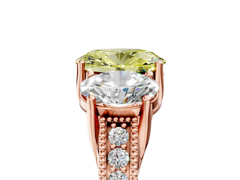 Rose gold Three-Stone Fancy Yellow Oval Cut Cut Milgrain Pavé Engagement Ring_5