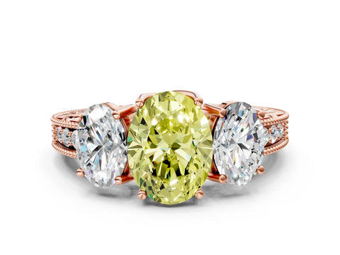 Rose gold Three-Stone Fancy Yellow Oval Cut Cut Milgrain Pavé Engagement Ring