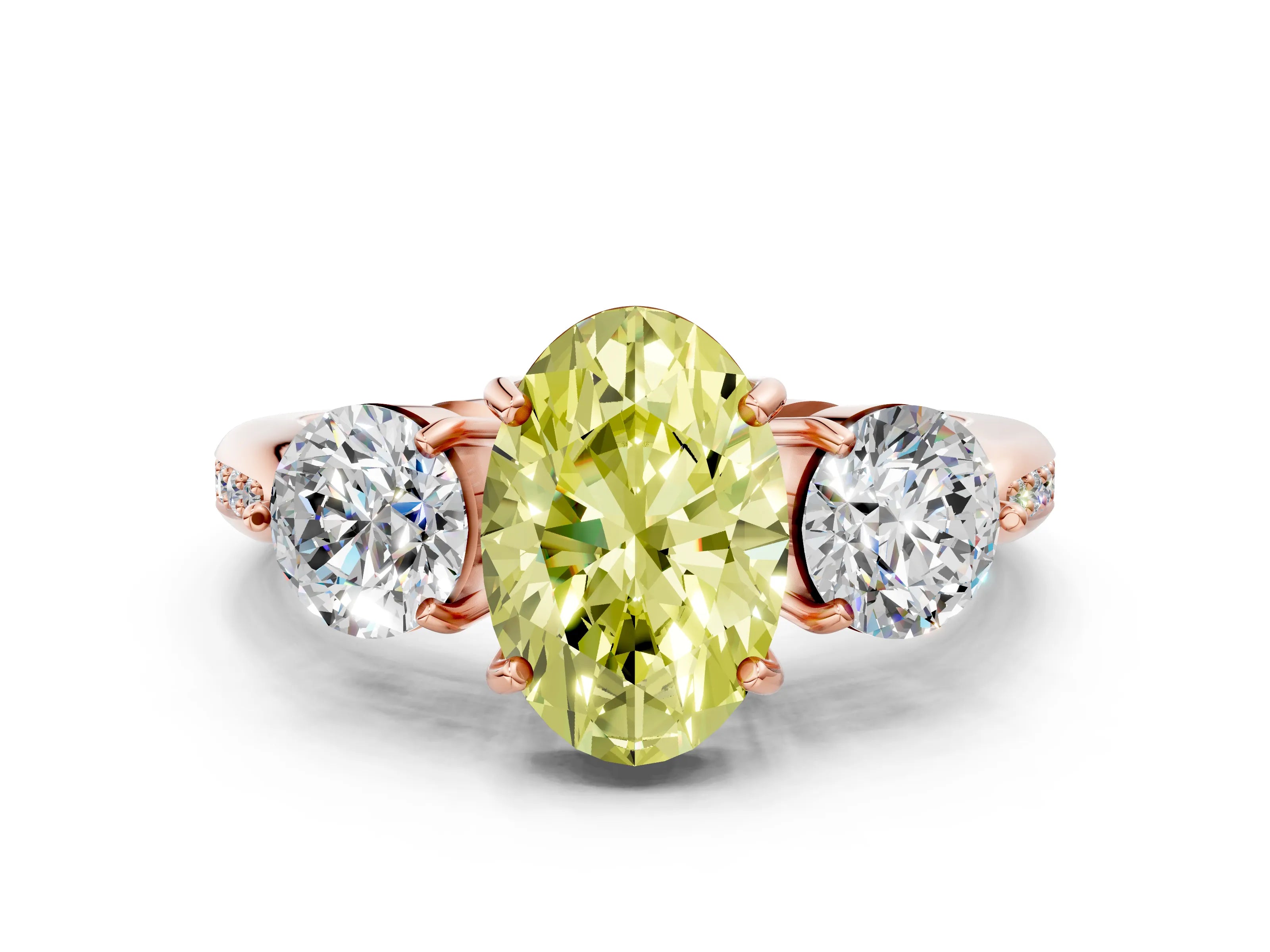 Rose gold Three-Stone Fancy Yellow Oval Cut Diamond Channel Set Engagement Ring with Prong Setting