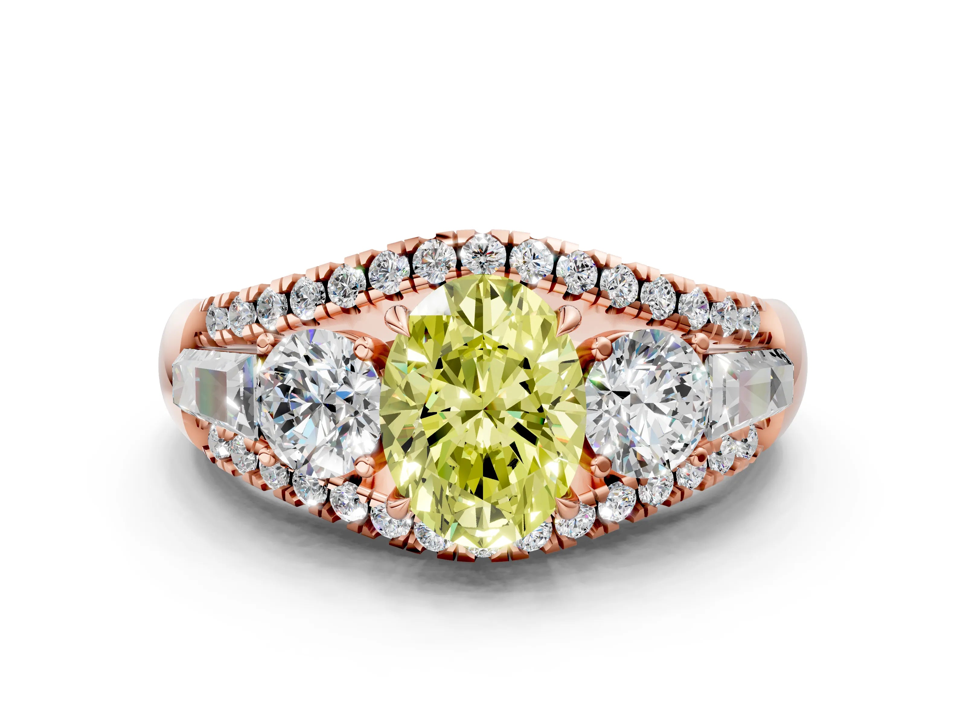 Rose gold Three-Stone Fancy Yellow Oval Cut Diamond Engagement Ring with Pave Band and Prong Setting