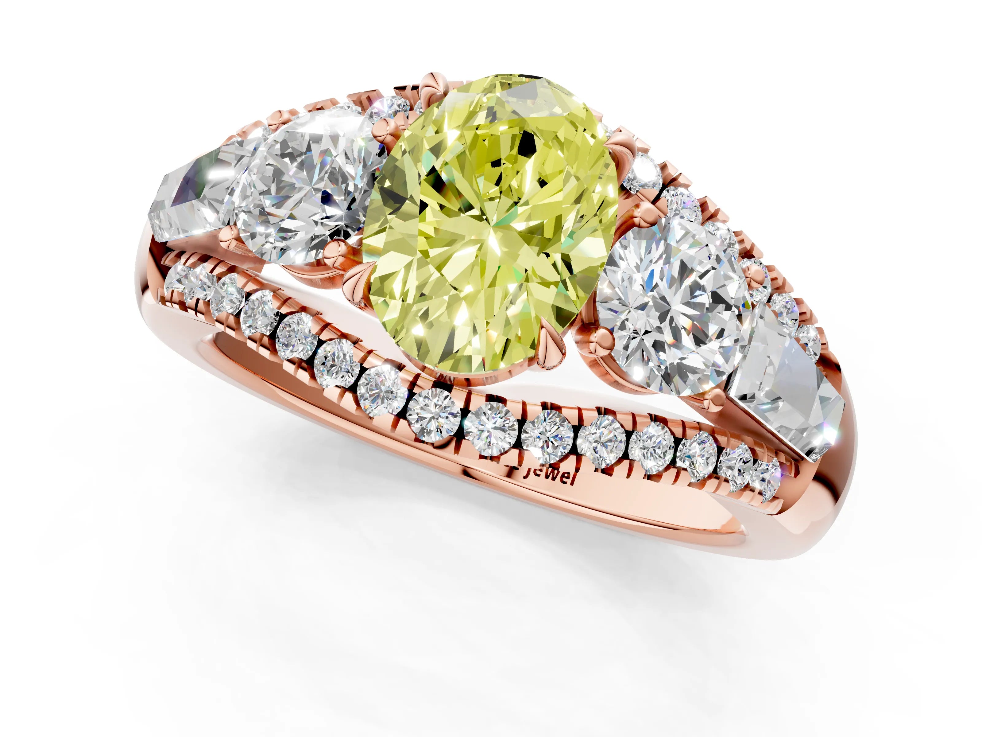 Rose gold Three-Stone Fancy Yellow Oval Cut Diamond Engagement Ring with Pave Band and Prong Setting_1