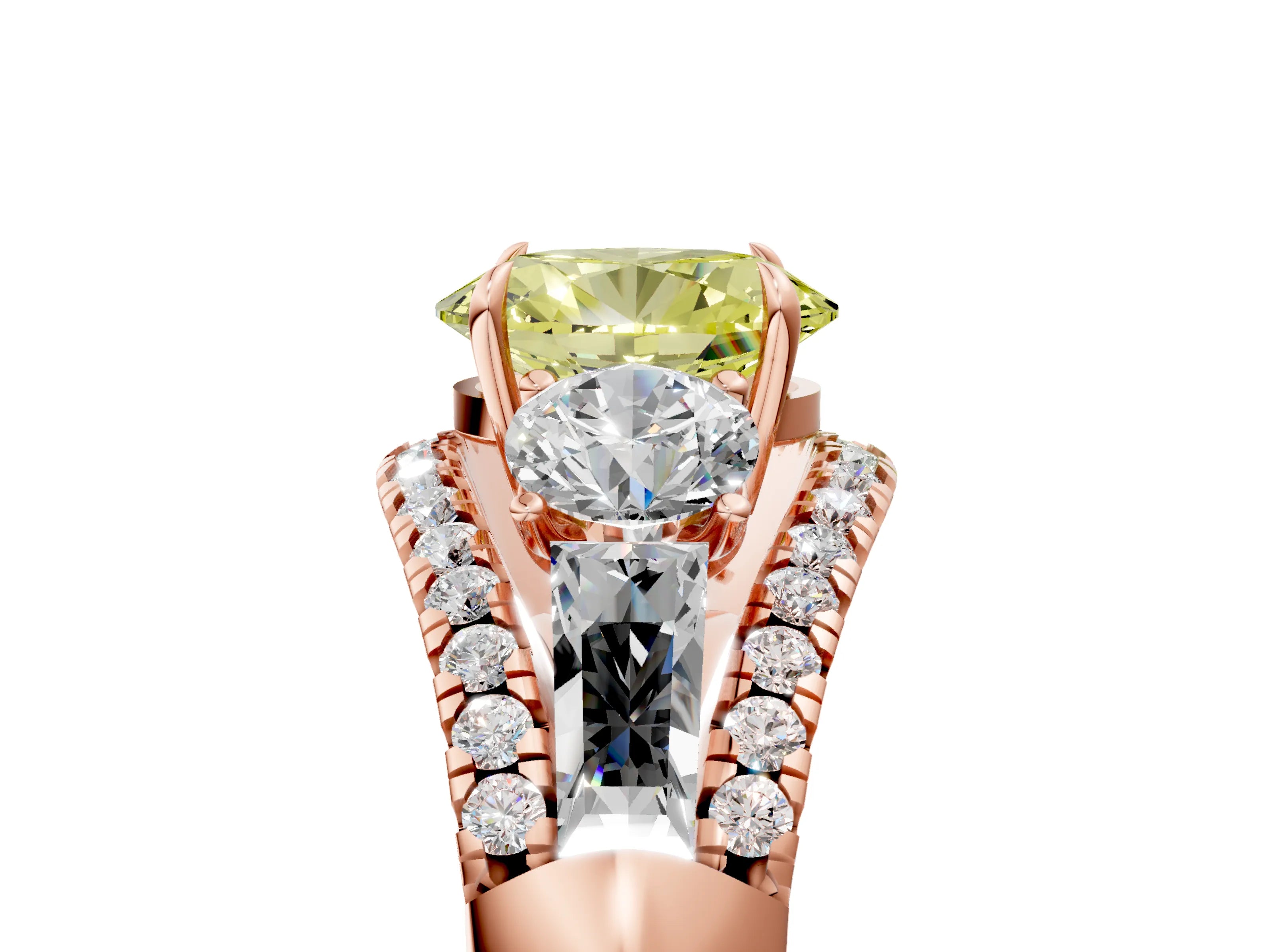 Rose gold Three-Stone Fancy Yellow Oval Cut Diamond Engagement Ring with Pave Band and Prong Setting_5