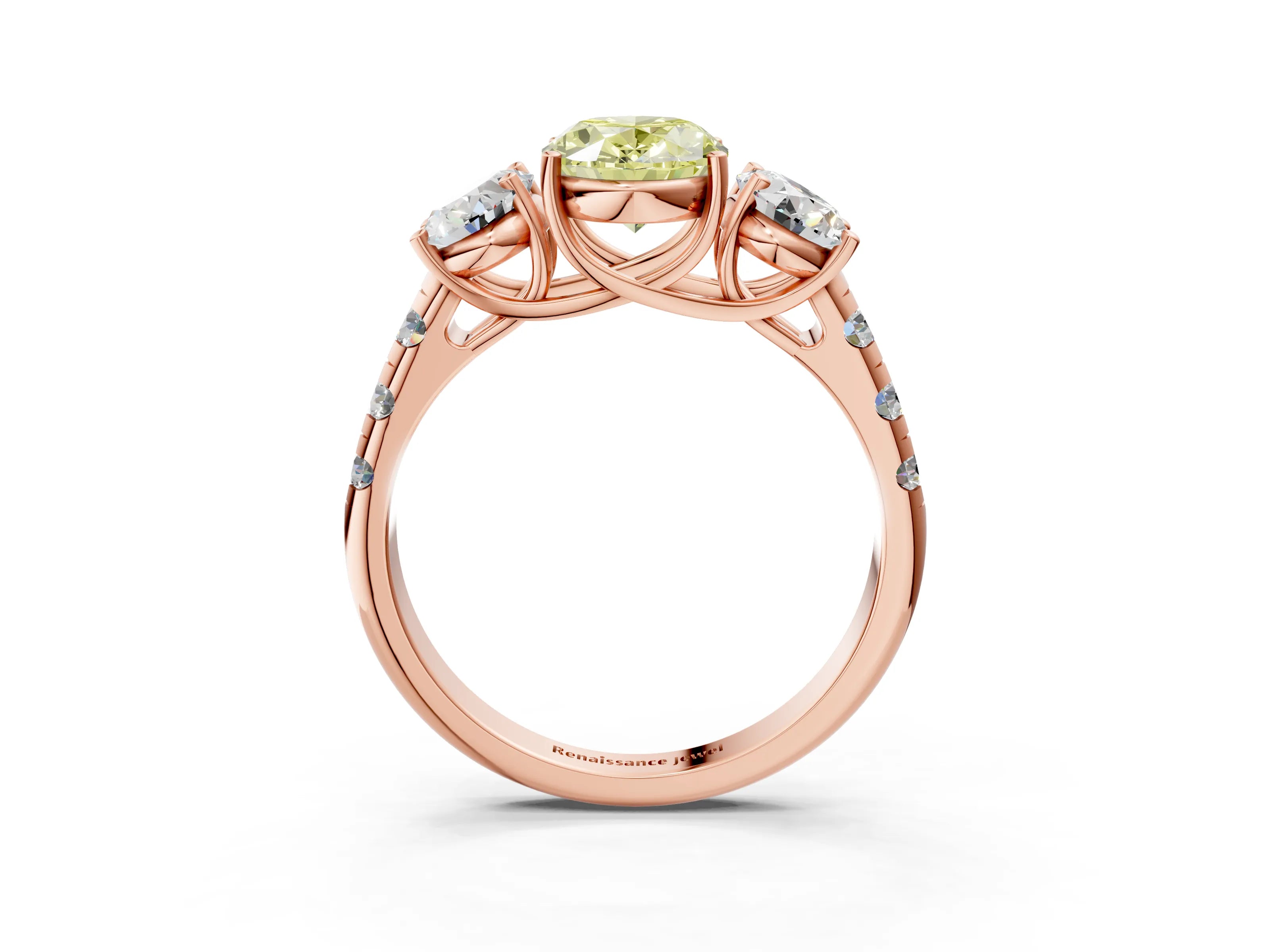 Rose gold Three-Stone Fancy Yellow Oval Cut Diamond Pavé Band with Prong Setting_3