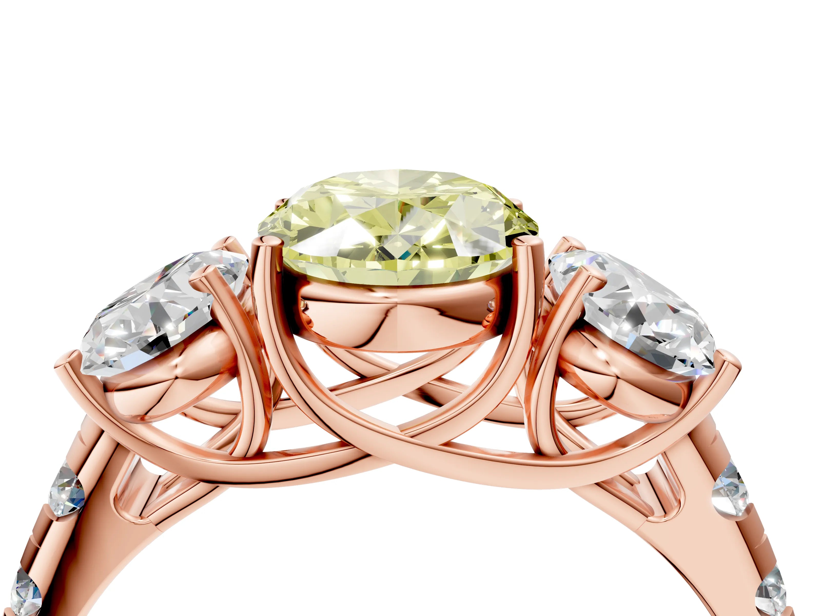 Rose gold Three-Stone Fancy Yellow Oval Cut Diamond Pavé Band with Prong Setting_4