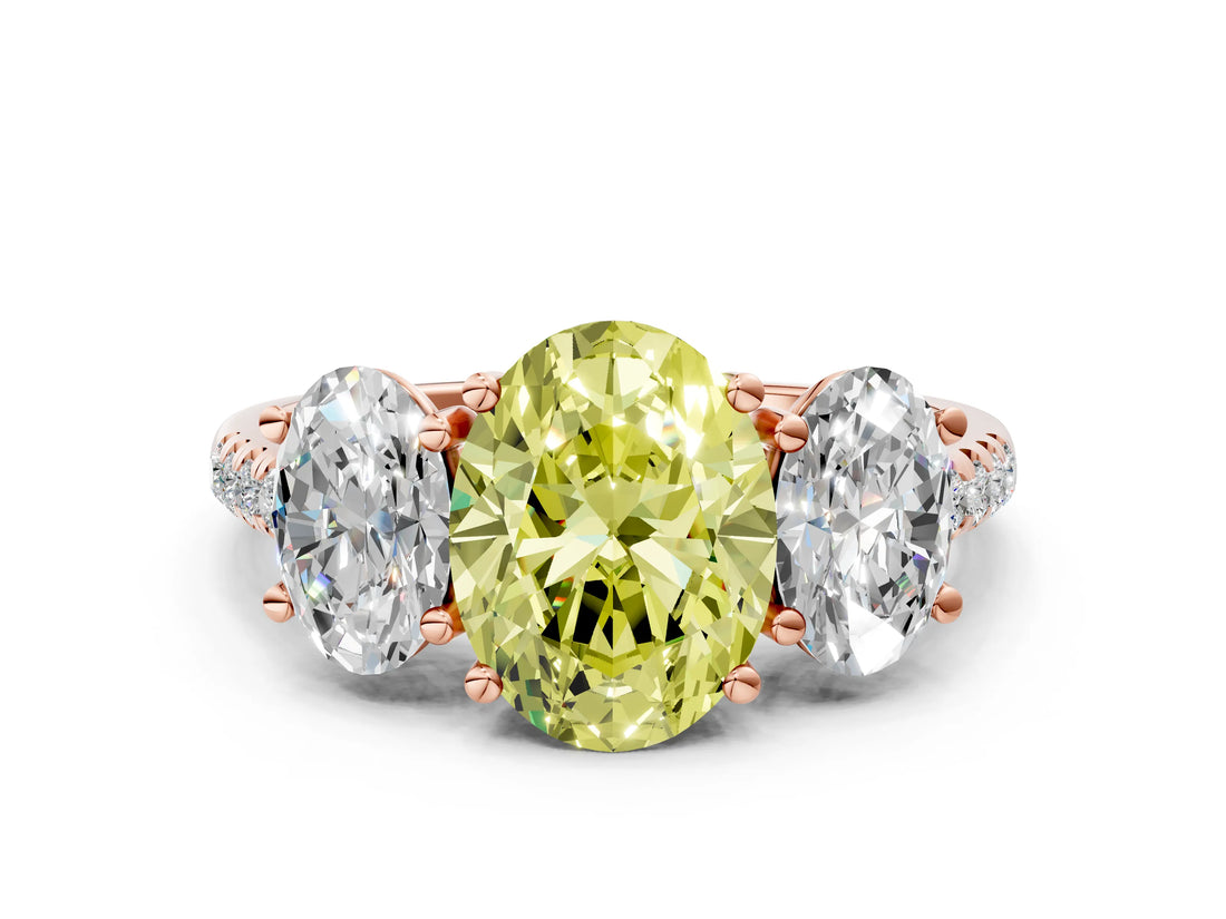 Rose gold Three-Stone Fancy Yellow Oval Cut Diamond Ring with Pavé Band and Prong Setting_104
