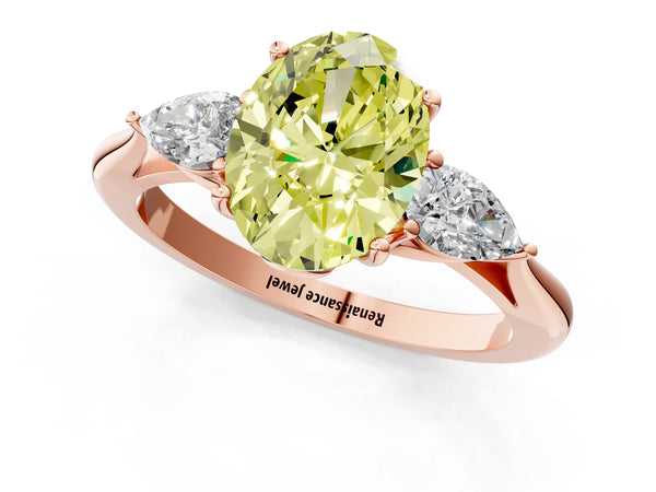 Rose gold Three-Stone Fancy Yellow Oval Cut Diamond Ring with Pear  Side Stones in Four-Prong Setting
