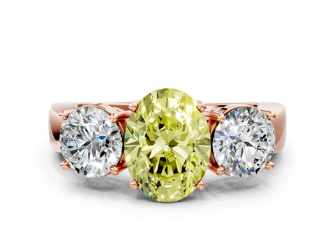 Rose gold Three-Stone Fancy Yellow Oval Cut Diamond Ring with Round Side Stones, Classic Band, and Four-Prong Setting_12
