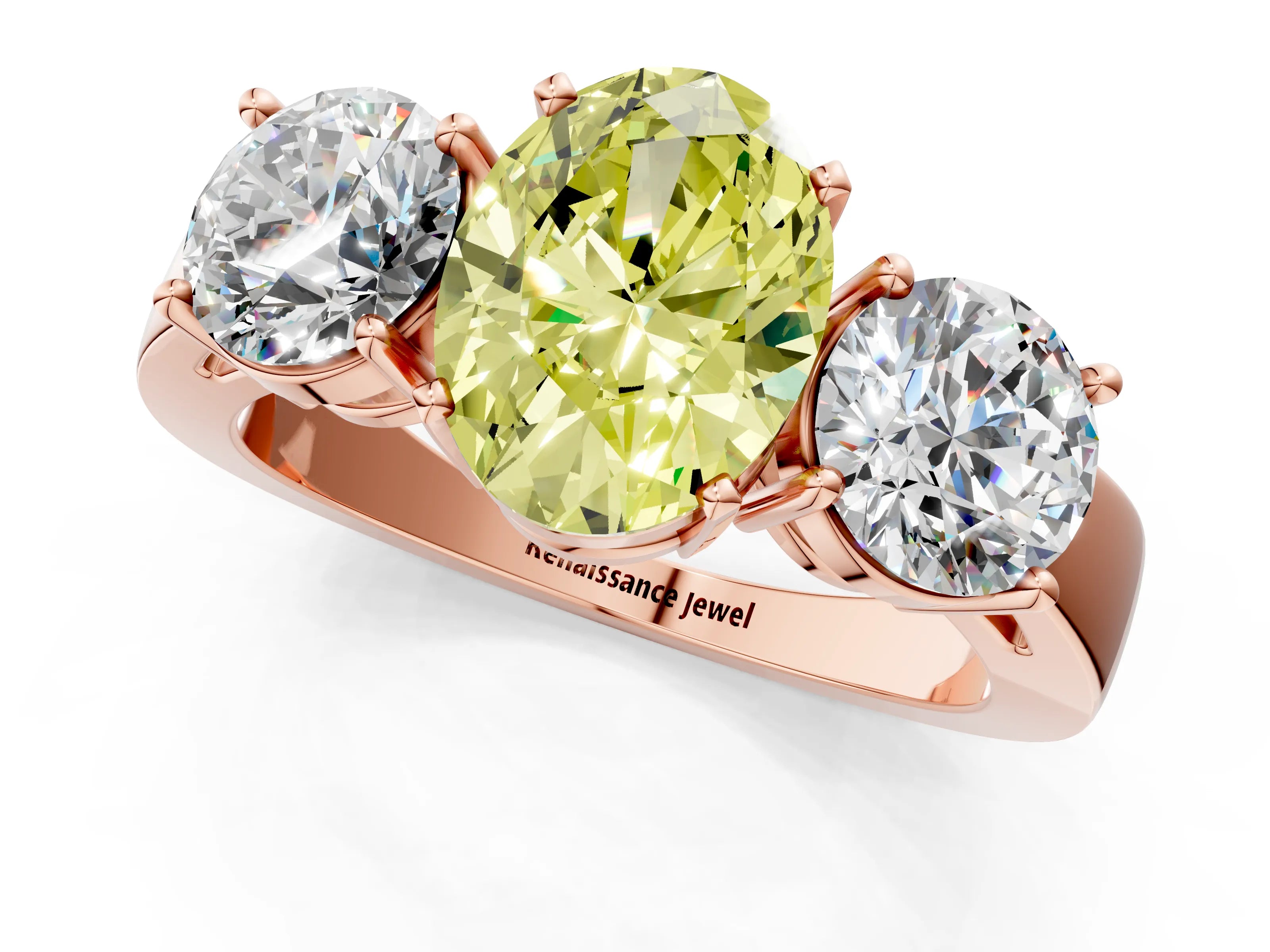 Rose gold Three-Stone Fancy Yellow Oval Cut Diamond Ring with Round Side Stones, Classic Band, and Four-Prong Setting_13