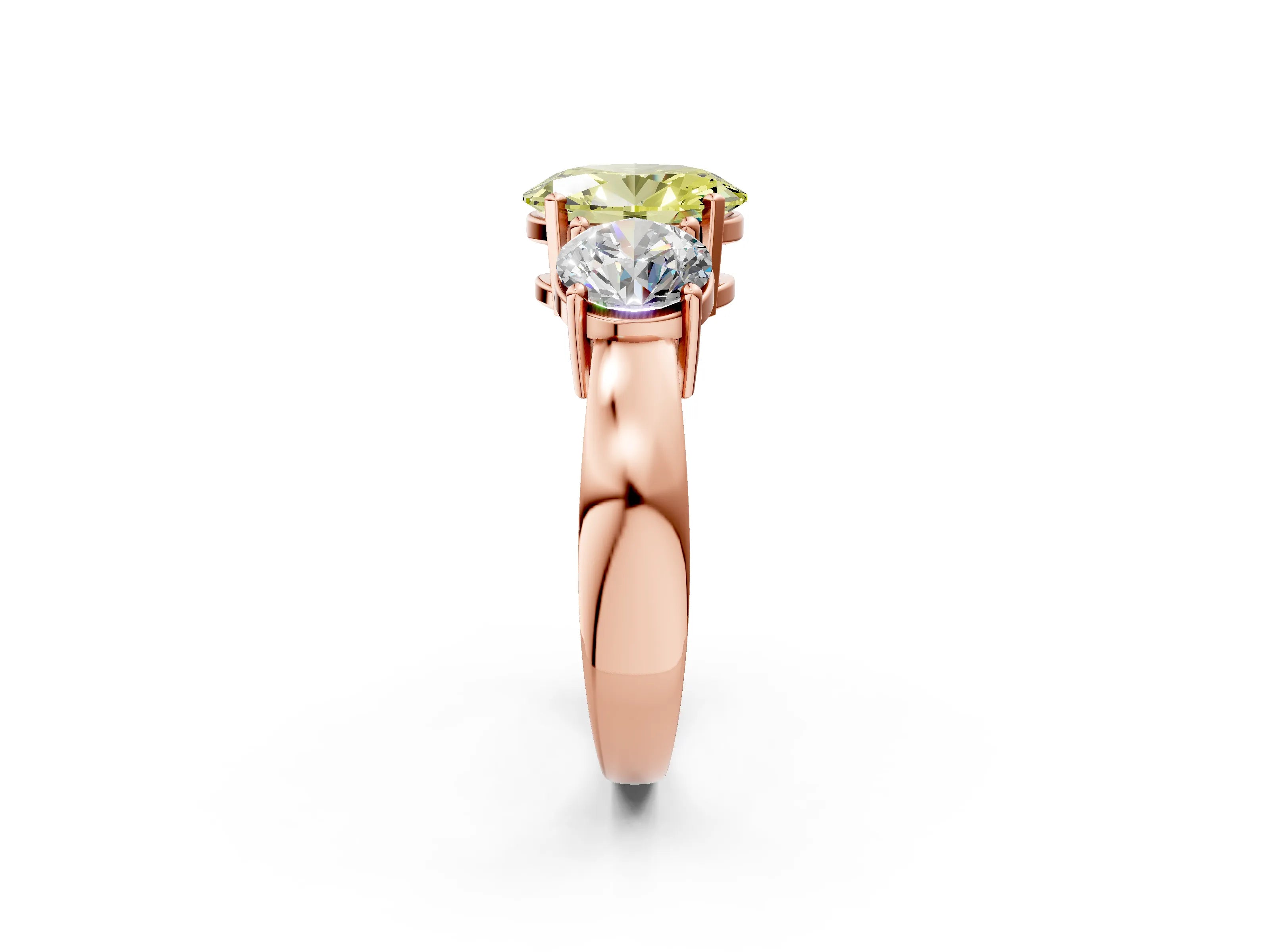 Rose gold Three-Stone Fancy Yellow Oval Cut Diamond Ring with Round Side Stones, Classic Band, and Four-Prong Setting_14