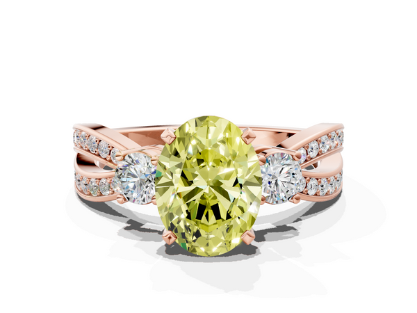 Rose gold Three-Stone Fancy Yellow Oval  Cut Diamond Twist Band with Prong Setting