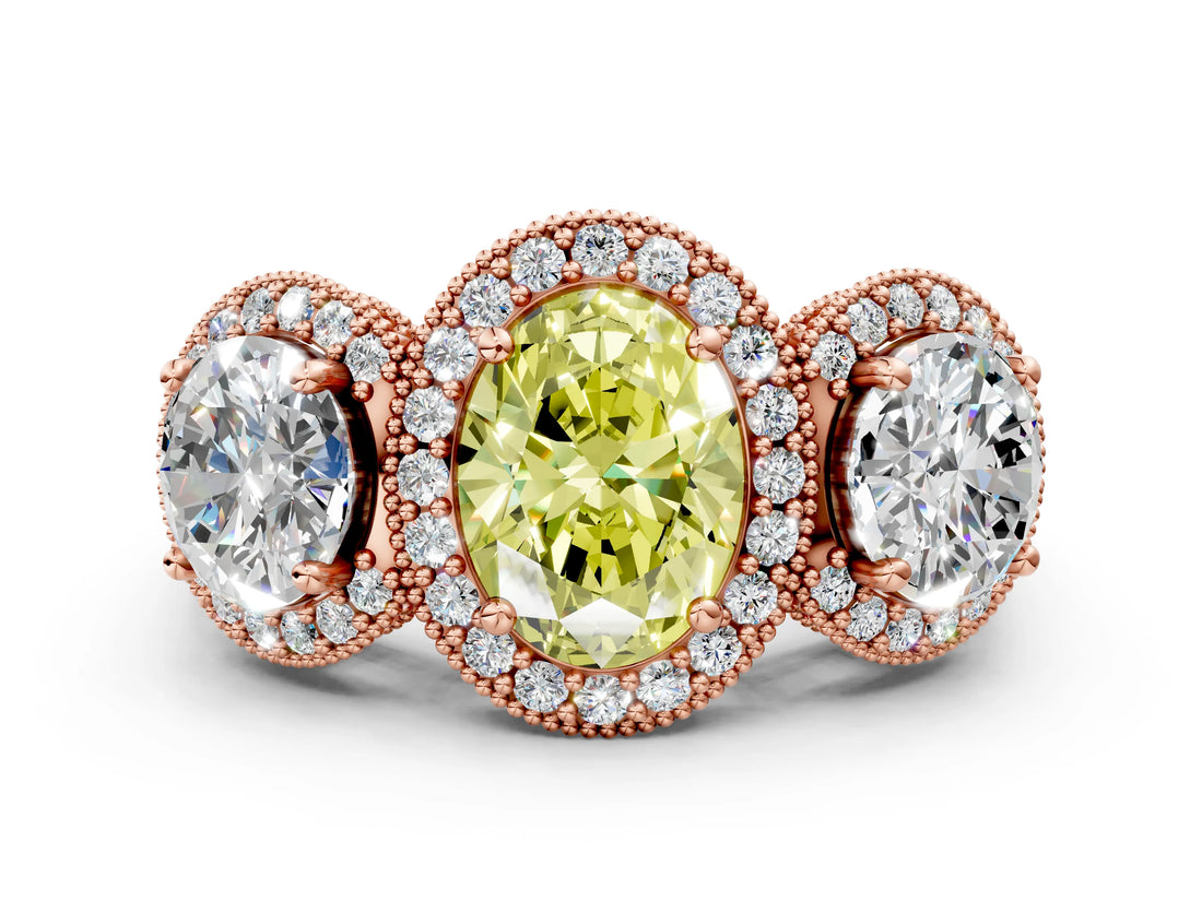 Rose gold Three-Stone Fancy Yellow Oval Cut Halo Diamond Milgrain Band with Four-Prong Setting
