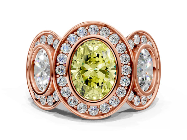 Rose gold Three-Stone Fancy Yellow Oval Cut Halo Pavé Diamond Ring
