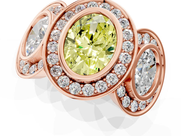 Rose gold Three-Stone Fancy Yellow Oval Cut Halo Pavé Diamond Ring