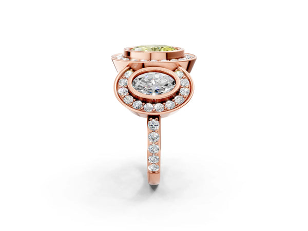 Rose gold Three-Stone Fancy Yellow Oval Cut Halo Pavé Diamond Ring