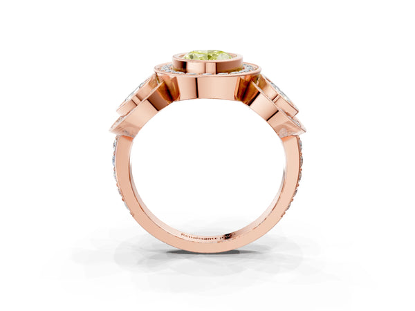 Rose gold Three-Stone Fancy Yellow Oval Cut Halo Pavé Diamond Ring