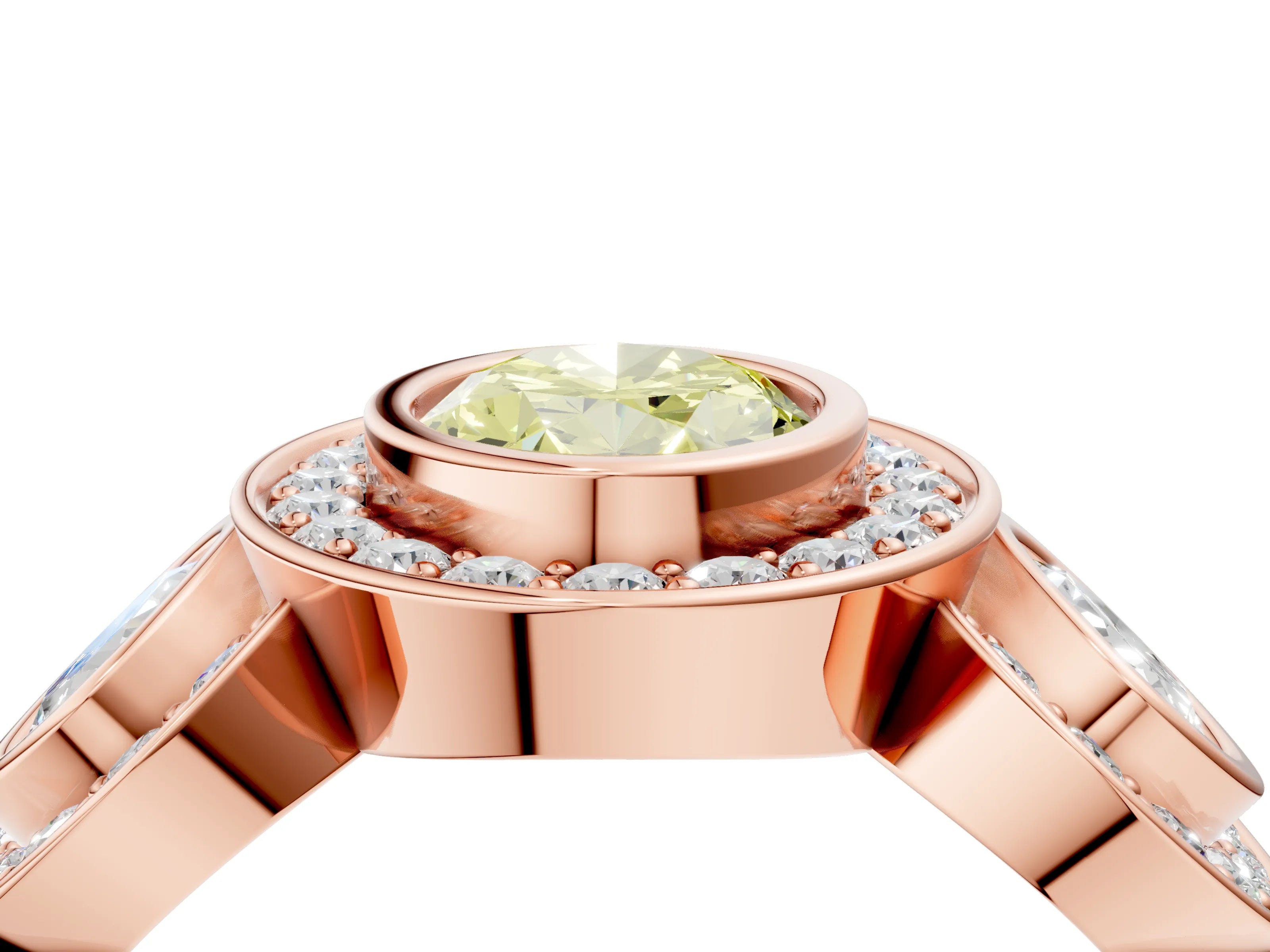 Rose gold Three-Stone Fancy Yellow Oval Cut Halo Pavé Diamond Ring_4