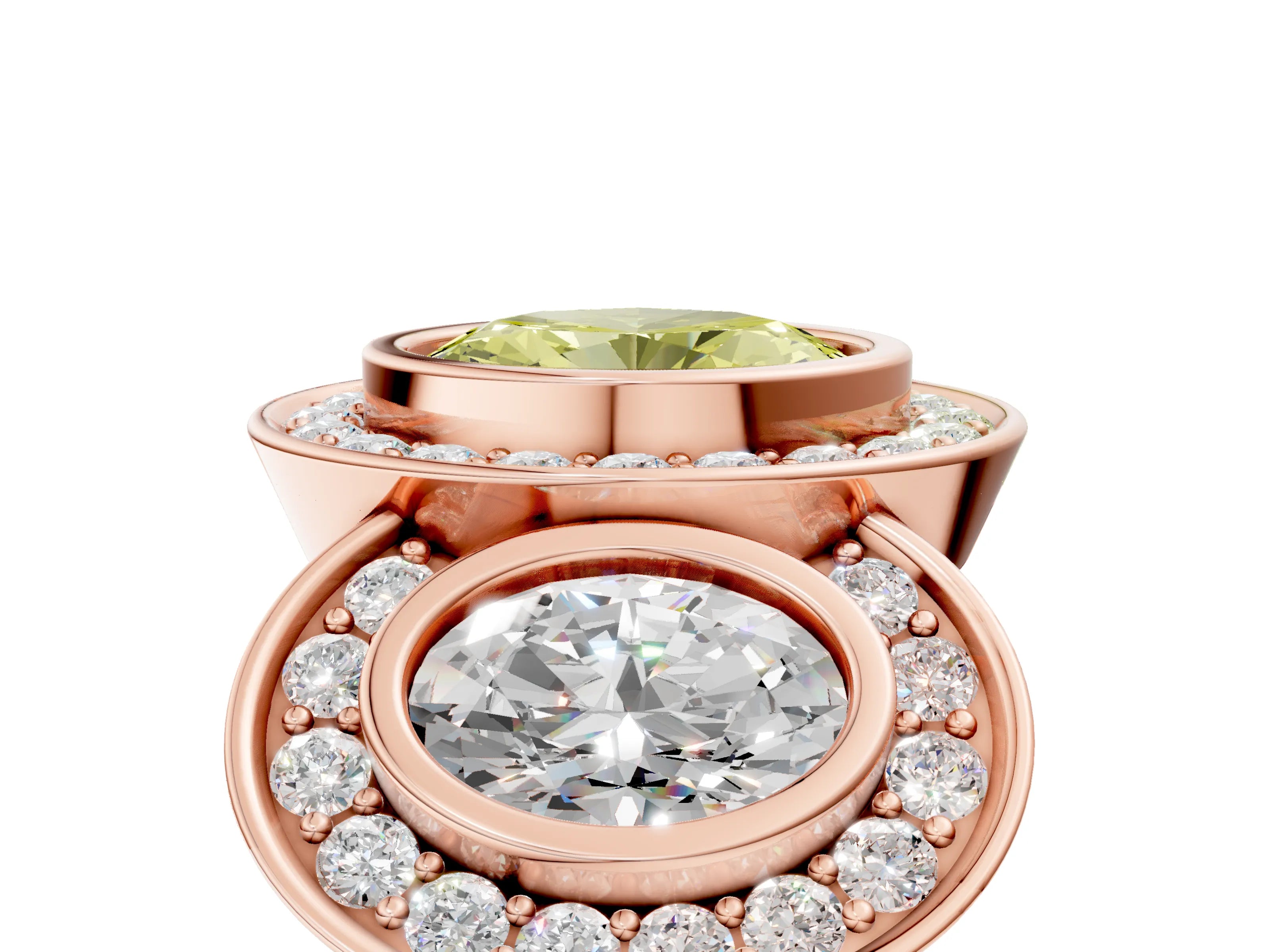 Rose gold Three-Stone Fancy Yellow Oval Cut Halo Pavé Diamond Ring_5