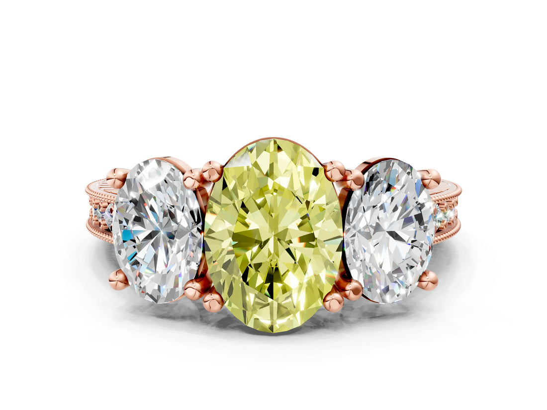Rose gold Three-Stone Fancy Yellow Oval  Diamond Milgrain Pave Band with Prong Setting