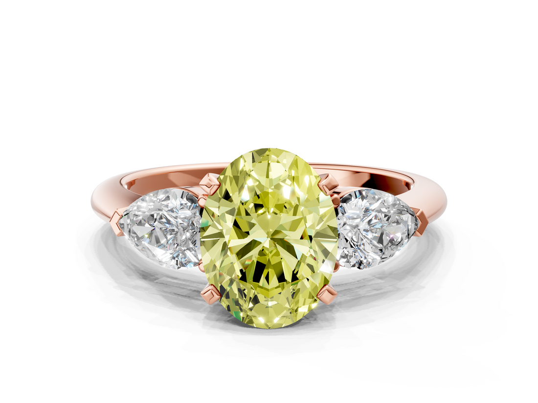 Rose gold Three-Stone Fancy Yellow Oval  Diamond Ring with Pear Side Stones in Four-Prong Setting_58