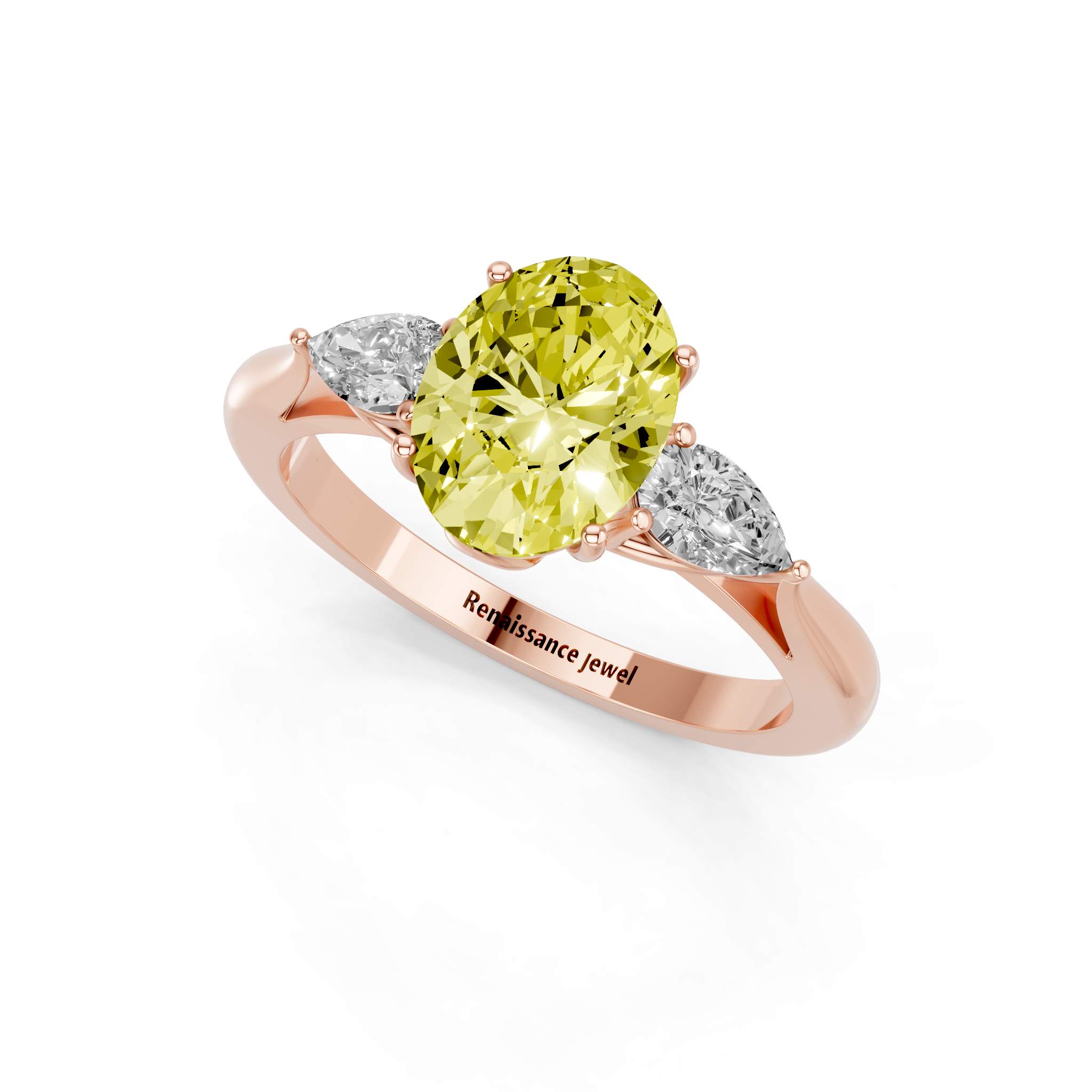 Rose gold Three-Stone Fancy Yellow Oval  Diamond Solitaire Ring with Pear Side Stones and Four-Prong Setting_3