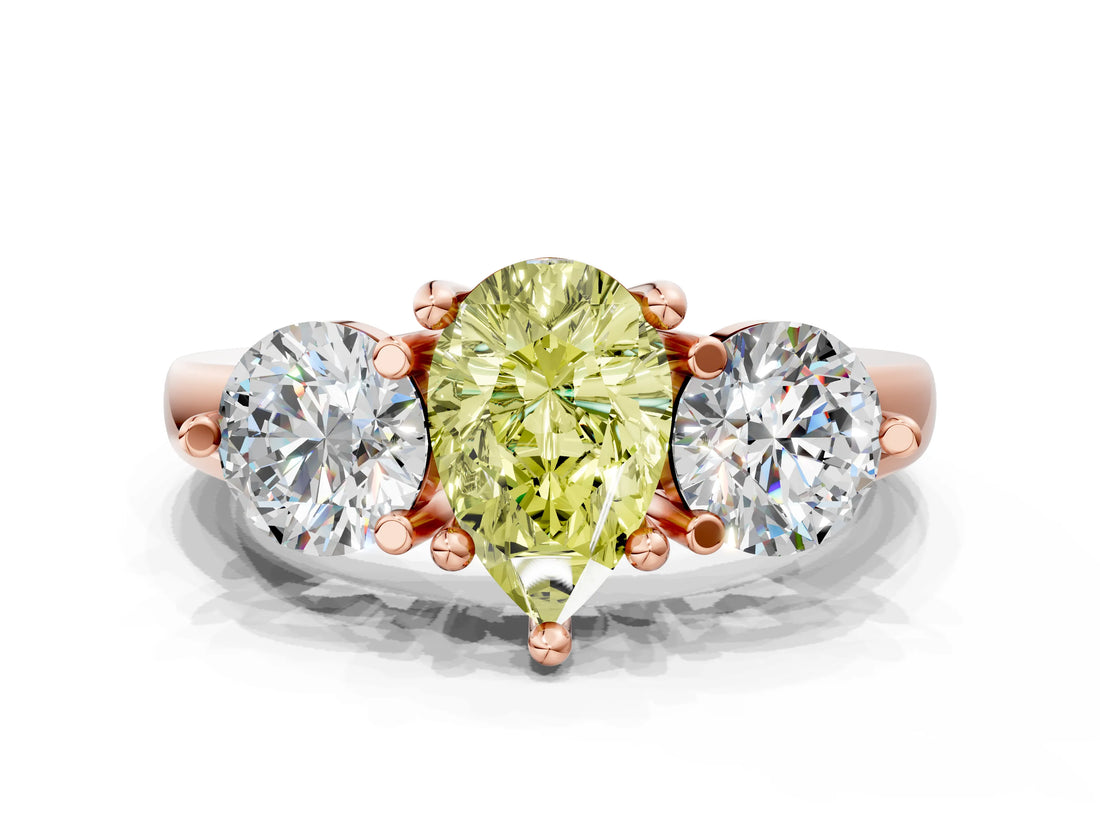 Rose gold Three-Stone Fancy Yellow Pear  Brilliant Cut Solitaire Ring with Prong Setting on a Classic Band 1