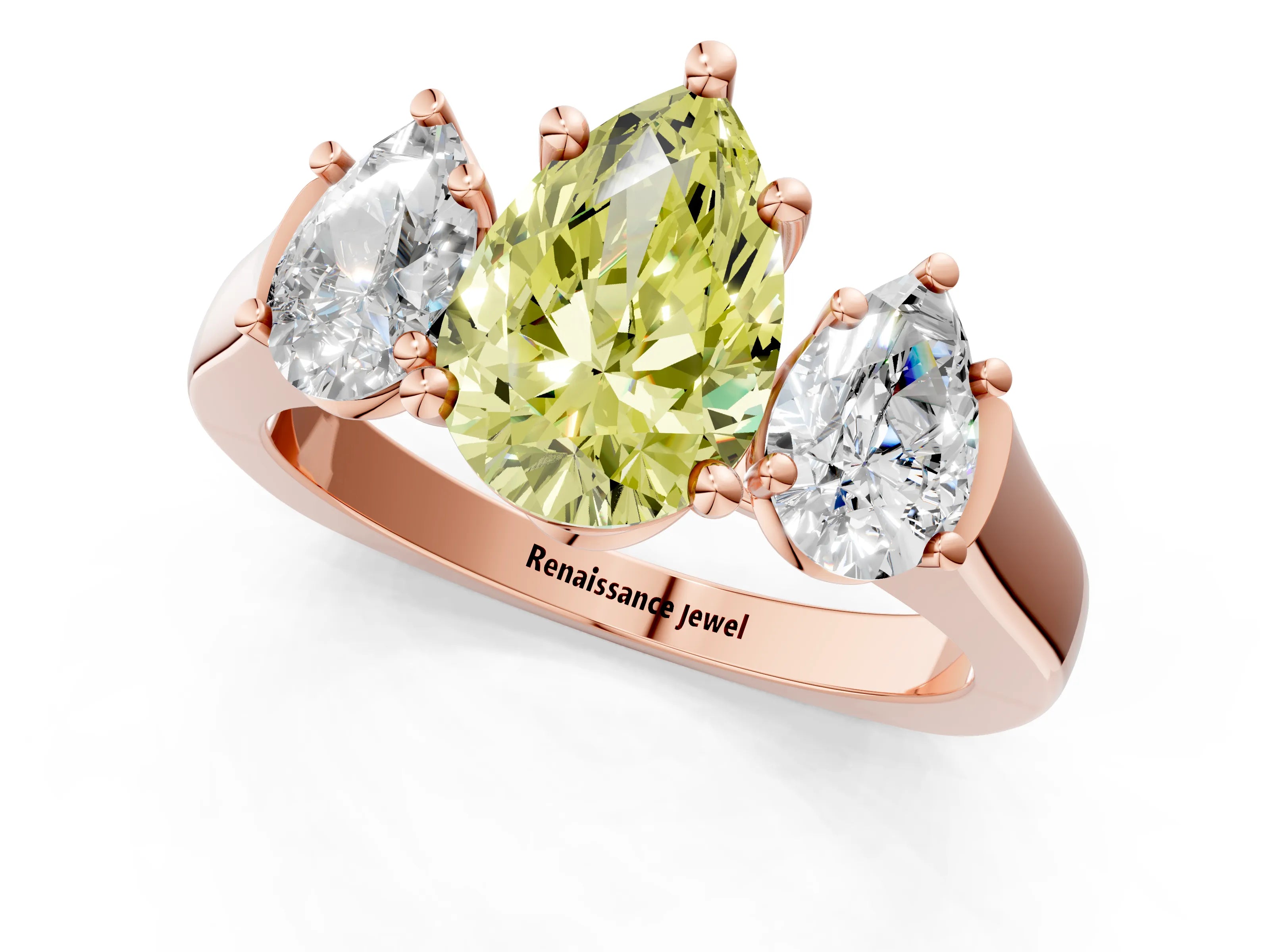 Rose gold Three-Stone Fancy Yellow Pear Cut Brilliant Diamond Trellis Ring with Comfort Fit Band_1