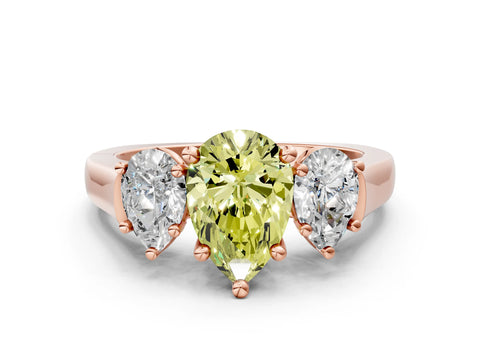 Rose gold Three-Stone Fancy Yellow Pear Cut Brilliant Diamond Trellis Ring with Comfort Fit Band