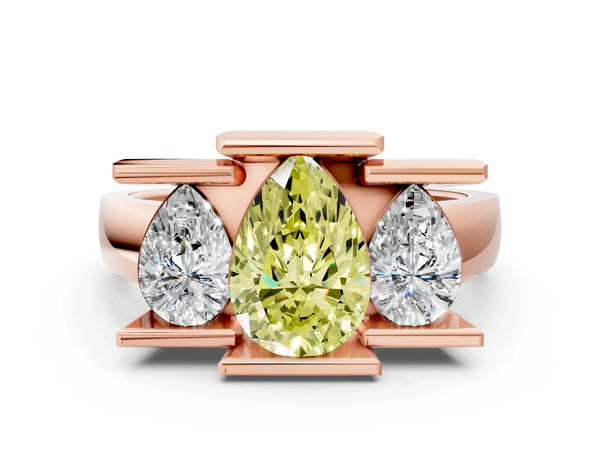 Rose gold Three Stone Fancy Yellow Pear Cut Cut Channel Set Diamond Ring