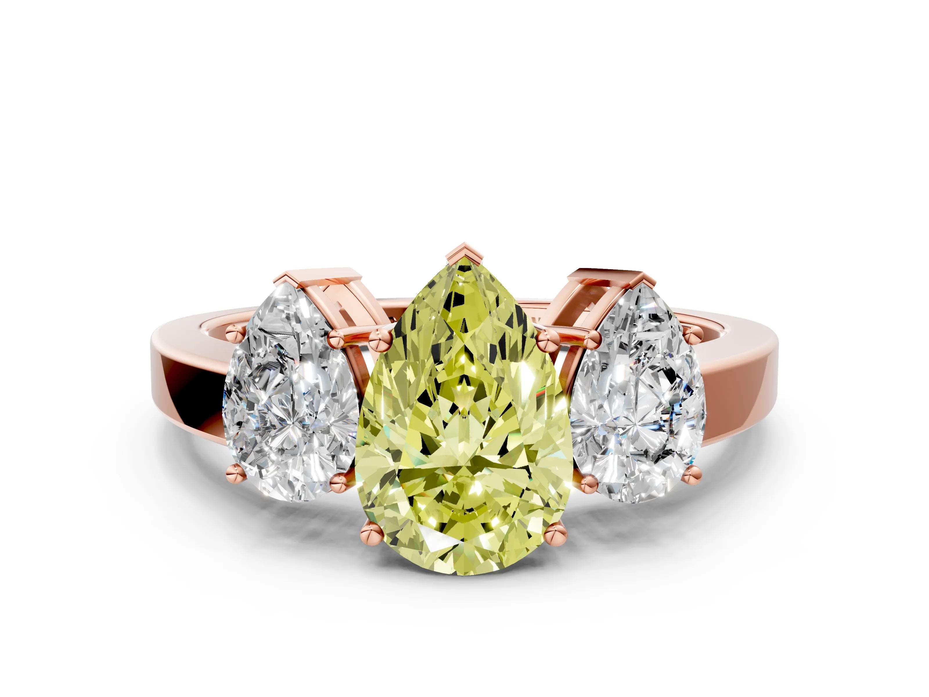Rose gold Three-Stone Fancy Yellow Pear Cut Cut Diamond Engagement Ring with Flat Band and Four-Prong Setting