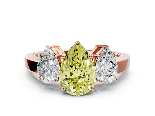Rose gold Three-Stone Fancy Yellow Pear Cut Cut Diamond Engagement Ring with Flat Band and Four-Prong Setting