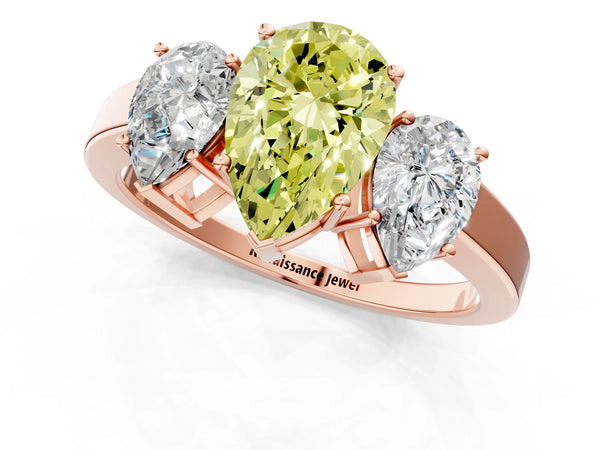 Rose gold Three-Stone Fancy Yellow Pear Cut Cut Diamond Engagement Ring with Flat Band and Four-Prong Setting