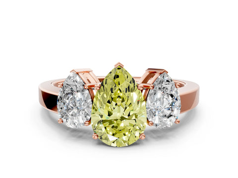 Rose gold Three-Stone Fancy Yellow Pear Cut Cut Diamond Engagement Ring with Flat Band and Four-Prong Setting