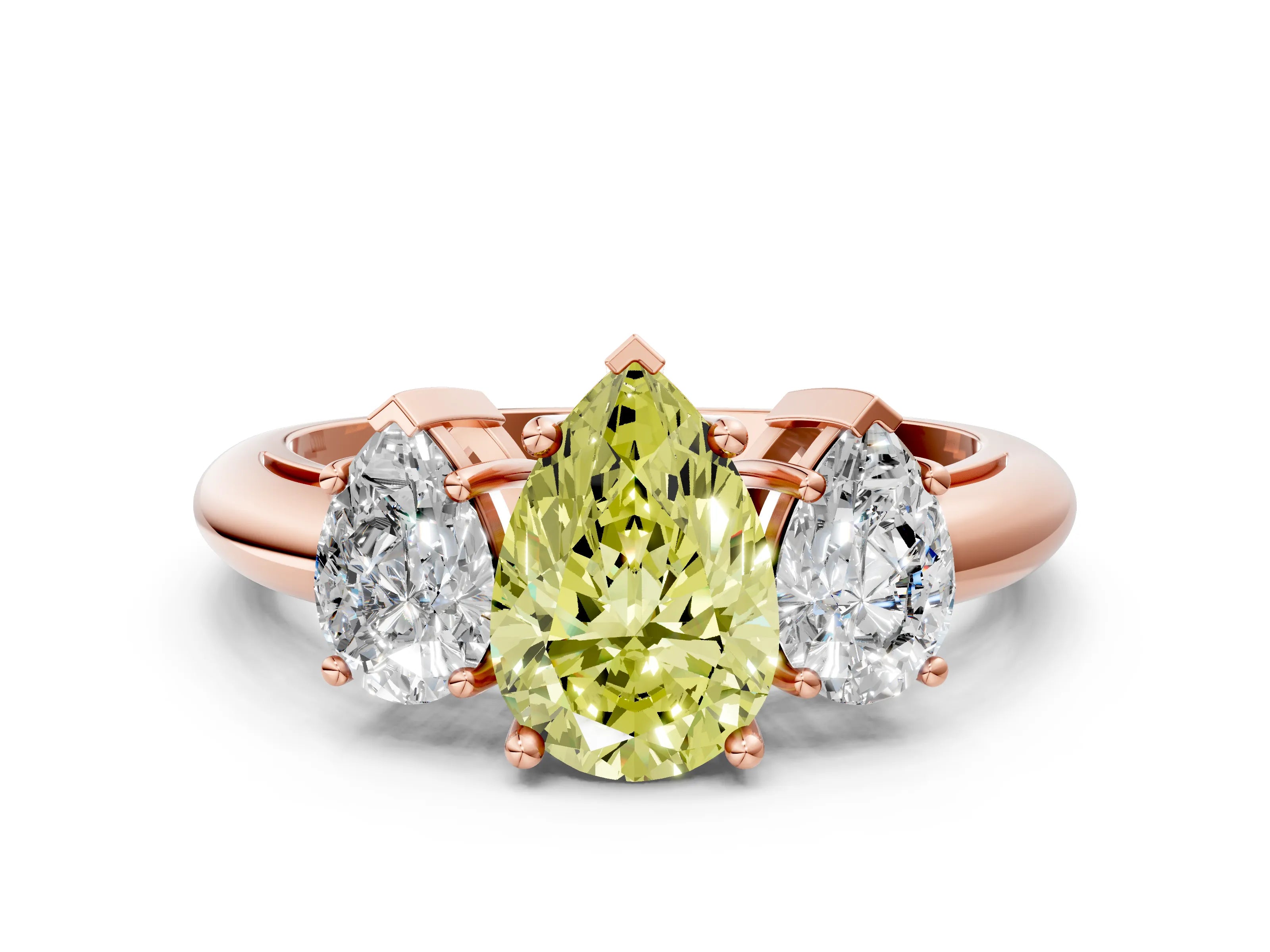 Rose gold Three-Stone Fancy Yellow Pear Cut Cut Diamond Engagement Ring with Prong Setting on a White Gold Band